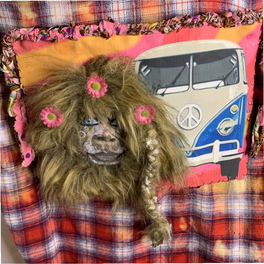 Upcycled Plaid Multicolor Boyfriend Shirt with Detachable Hip Bigfoot with Fur. - Picture 6 of 13